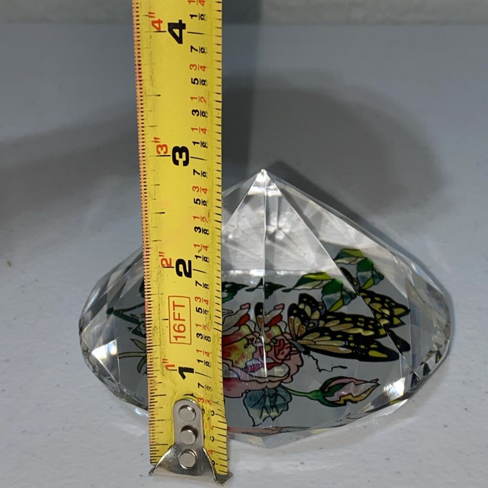 Art Glass Diamond Paperweight Hand Painted Amia Studios Rose Flower Butterfly - Picture 5 of 6
